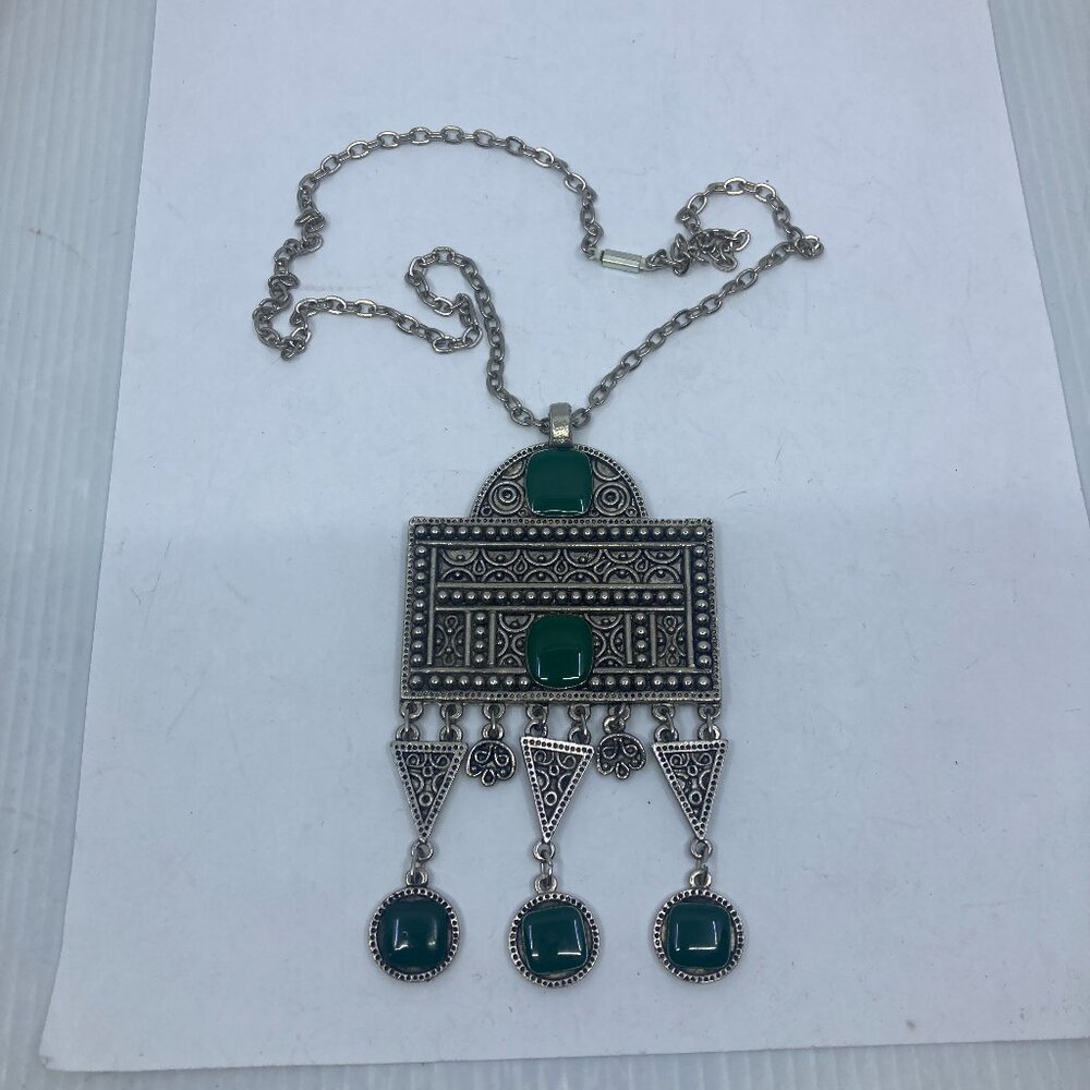 Vtg etruscan egyptian ethnic enamel silver tone necklace